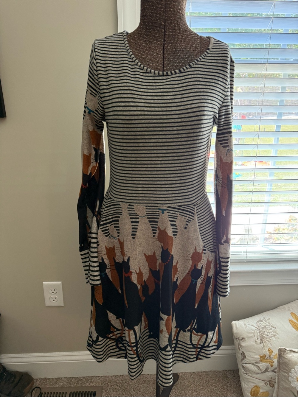 Striped Long Sleeve Knit Dress with Cat Print - Black, Cream & Brown